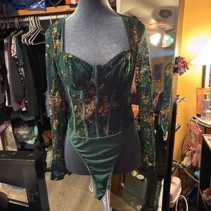 SHEIN Dark Green Velvet Floral Lace Corset Bodysuit with Gold Accents